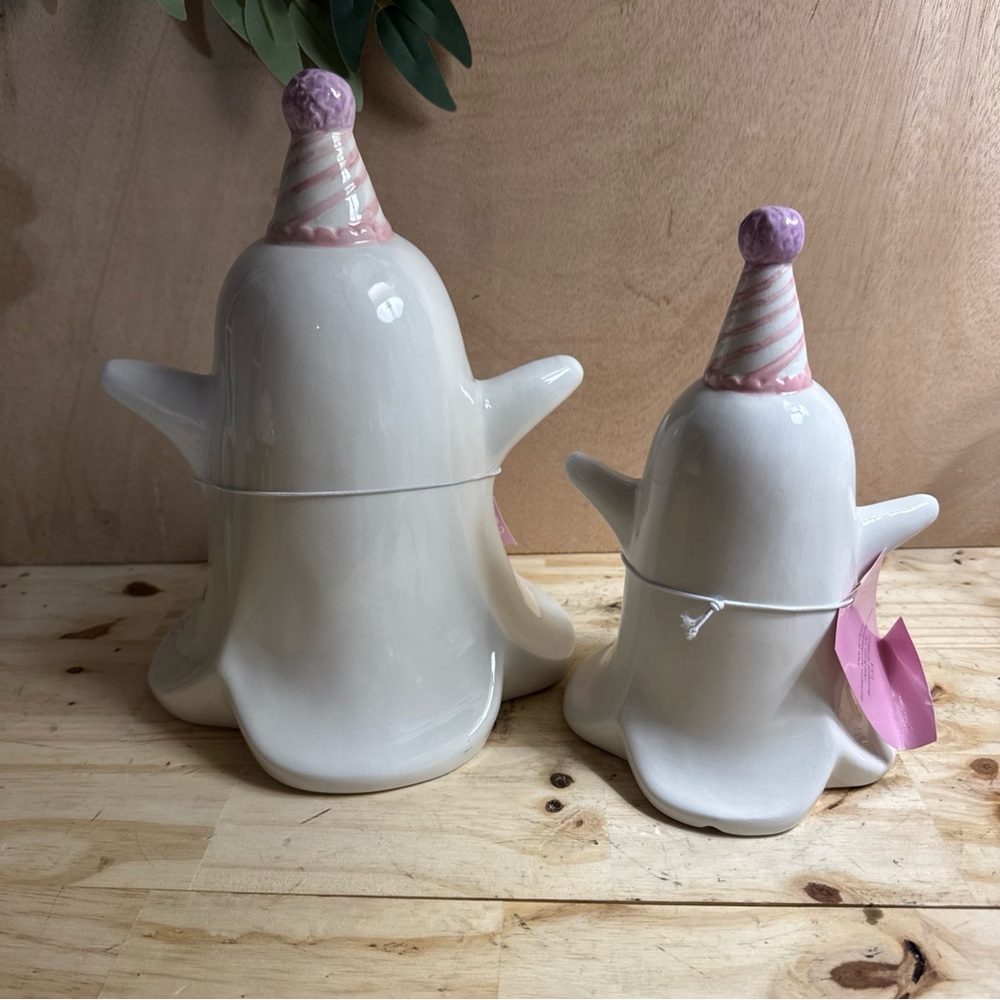NEW Halloween Ghost w Party Hats Ceramic 8” & 10” SET OF 2 - Picture 4 of 4